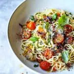 20 Minute Mediterranean Hummus Noodles with Blistered Cherry Tomatoes