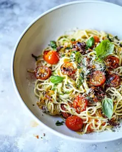 20 Minute Mediterranean Hummus Noodles with Blistered Cherry Tomatoes