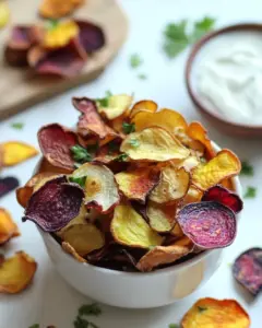 Baked Root Chips with Buttermilk Parsley Dipping Sauce