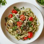 Basil Tahini Pasta with Mushrooms and Burst Tomatoes