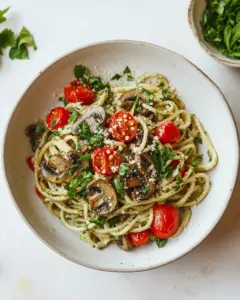 Basil Tahini Pasta with Mushrooms and Burst Tomatoes