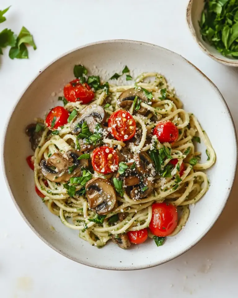 Basil Tahini Pasta with Mushrooms and Burst Tomatoes