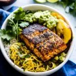 Caribbean Baked Salmon Plantain Noodle Bowls With Coconut Avocado Sauce