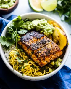 Caribbean Baked Salmon Plantain Noodle Bowls With Coconut Avocado Sauce