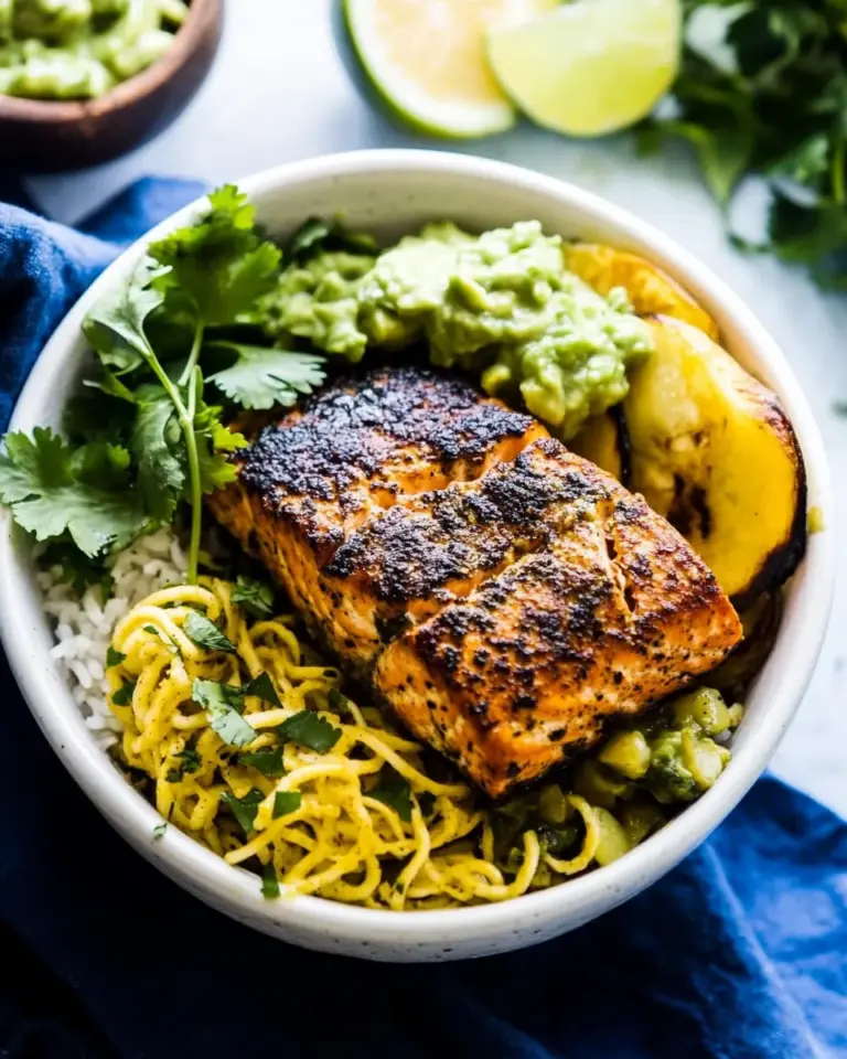 Caribbean Baked Salmon Plantain Noodle Bowls With Coconut Avocado Sauce