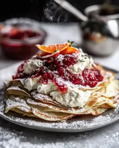 Coconut Honey Crepes with Whipped Mascarpone Blood Orange Compote