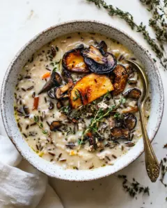 Creamy Wild Rice Chicken Soup with Roasted Mushrooms