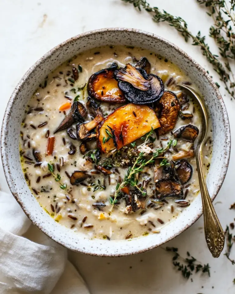 Creamy Wild Rice Chicken Soup with Roasted Mushrooms