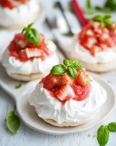 Meringue Nests with Basil Scented Strawberry Rhubarb Compote