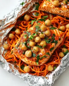 Moroccan Salmon Foil Packets with Carrot Noodles and Chickpeas