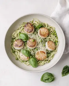 Pea Pesto Pasta with Brown Butter Scallops