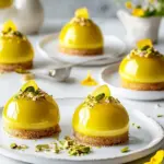 Pistachio Meyer Lemon Mousse Cakes with Mirror Glaze