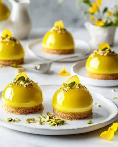 Pistachio Meyer Lemon Mousse Cakes with Mirror Glaze