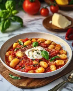 Quick Creamy Gnocchi with Tomato Sauce and Burrata