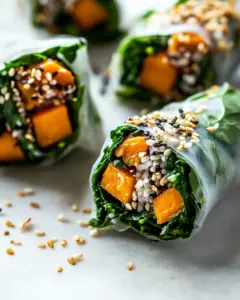 Roasted Sweet Potato Rice Paper Rolls with Spinach