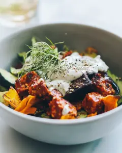 Roasted Winter Bowl with BBQ Tempeh Hemp Seed Ranch