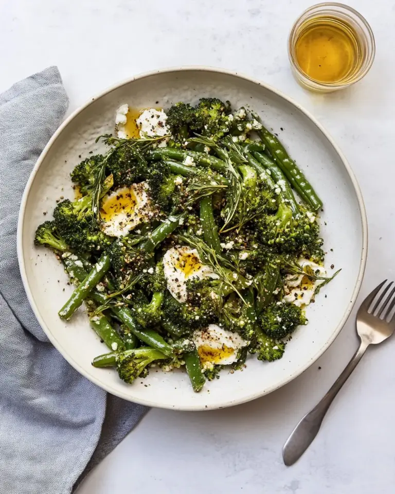 Roasted broccoli green bean salad with burrata