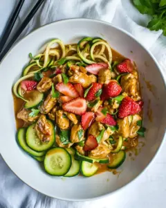 Strawberry Rhubarb Chicken Stir Fry With Orange Sauce And Zucchini Noodles