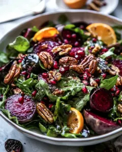 Winter Beet and Pomegranate Salad with Maple Candied Pecans